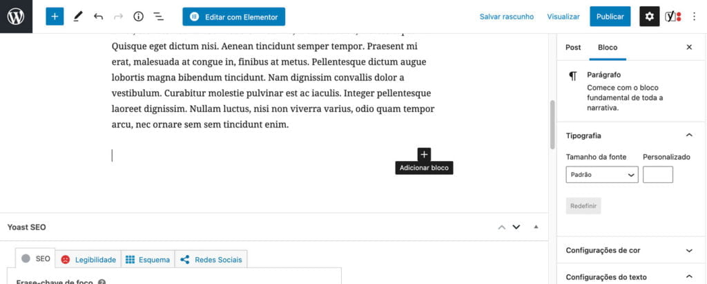 Imagem mostrando a opção ADICIONAR BLOCO do gutenberg