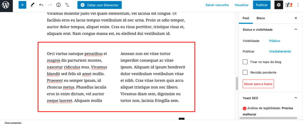 Imagem evidenciando o bloco de COLUNAS do gutenberg