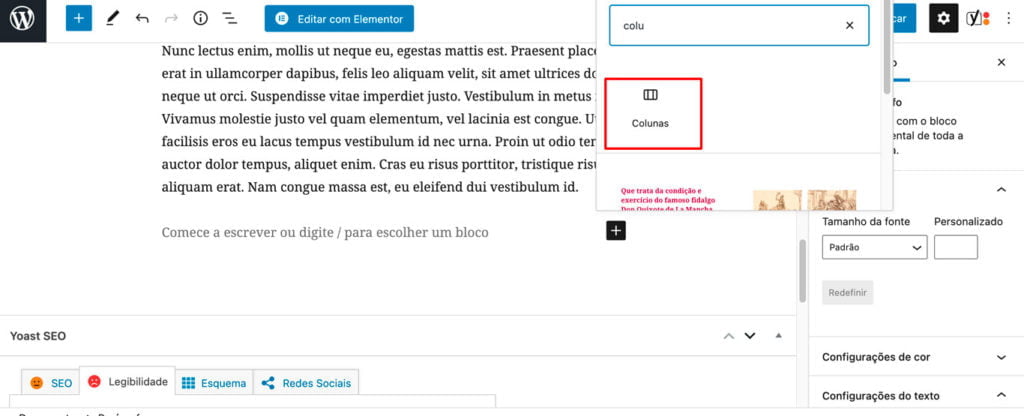 Imagem evidenciando o elemento COLUNAS do gutenberg