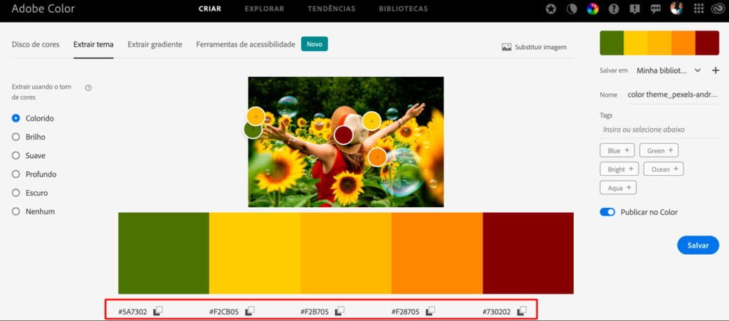 Print de tela da ferramenta Color Adobe estraindo a paleta de cores de uma paisagem de um campo de girassóis com muito verde, amarelo e laranja e ao centro uma moça de costas usando um chapéu de palha