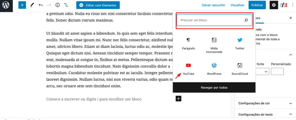 Imagem evidenciando o bloco YOUTUBE do gutenberg