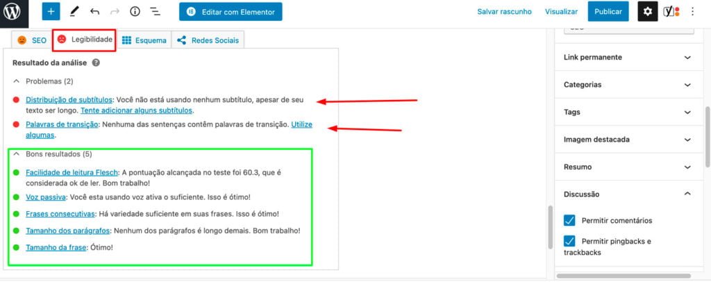 Imagem evidenciando as dicas de SEO do plugin YOAST