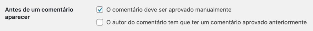 Print da tela de CONFIGURAÇÕES -> DISCUSSÃO, sessão "antes de um comentário aparecer"