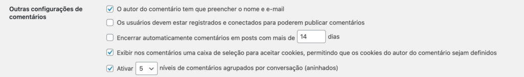 Print da tela de CONFIGURAÇÕES -> DISCUSSÃO, sessão "Outras configurações de comentários"