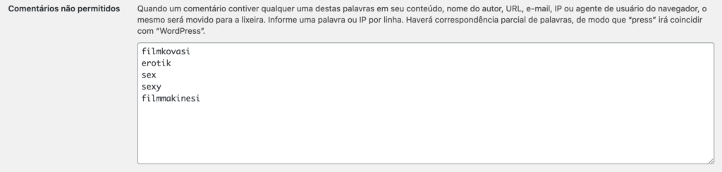 Print da tela de CONFIGURAÇÕES -> DISCUSSÃO, sessão "Comentários não permitidos"