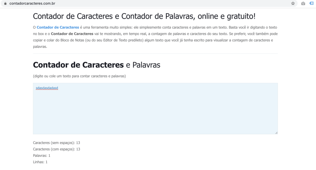 Imagem com print da tela do contador de caracteres e palavras