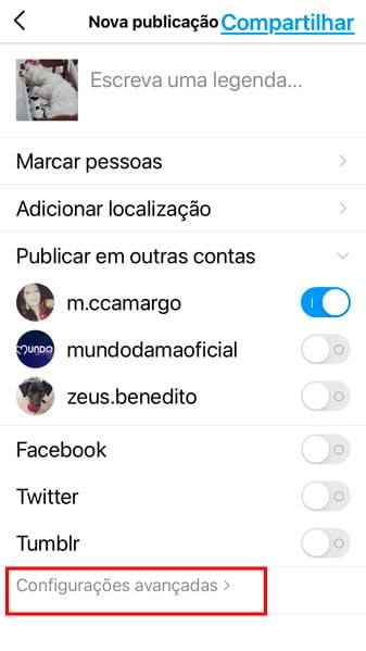 Print da tela de publicação do instagram com as CONFIGURAÇÕES AVANÇADAS com borda vermelha