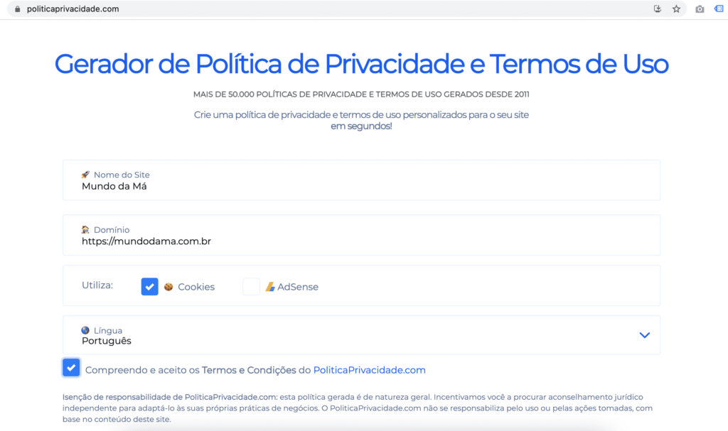 Imagem com o Print da Tela do Gerador de Política de Privacidade e Termos de Uso