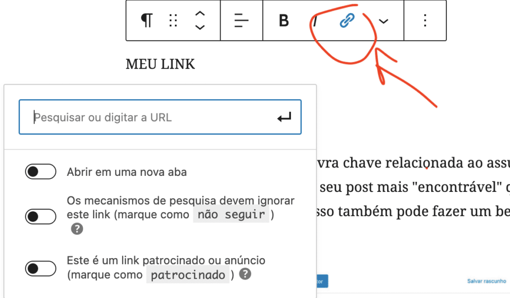 Imagem exibindo onde acessar para adicionar um link no post.