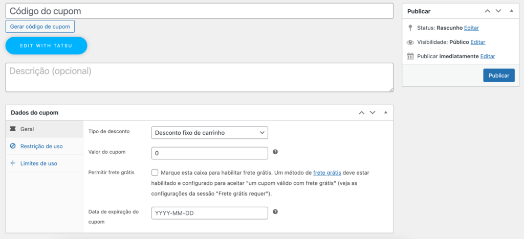 Imagem da tela de como criar cupom de desconto no Woocommerce