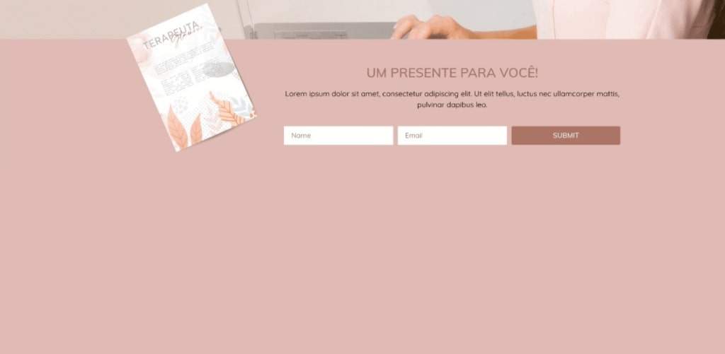 Imagem com campo de newsletter, nele quem está navegando na página pode cadastrar nome e email para receber algum material, possui botão de envio desses dados