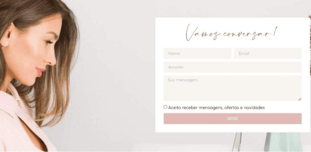Imagem com área para envio de email para a pessoa responsável (ou equipe) contendo campos para nome, email, assunto, mensagem, check-box para receber outros materiais e botão de envio, ao lado uma foto de uma mulher de perfil