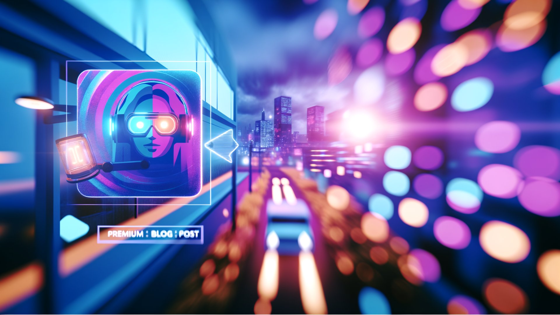 Ilustração futurista com cidade ao fundo e ícone de avatar digital em destaque.