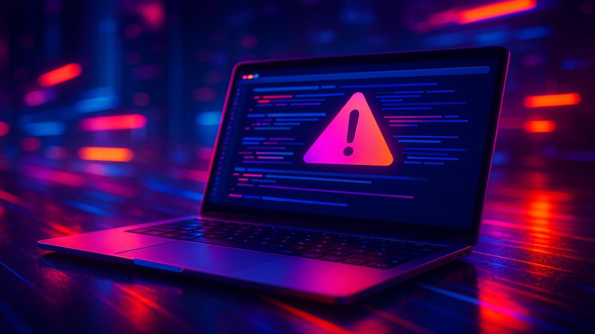 Laptop com tela exibindo ícone de alerta em fundo neon azul e rosa, sugerindo ambiente digital.