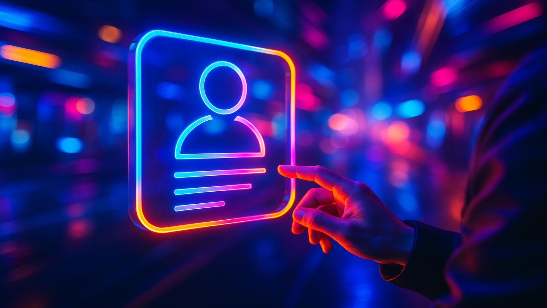 Ícone de perfil em neon azul e laranja em fundo desfocado com luzes coloridas. Mão aponta para o ícone.